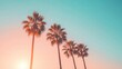 © Anat art - Palm trees basking in the sun with a pastel orange and blue gradient sky creating a serene minimalist atmosphere. Generative AI