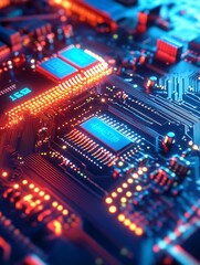 Aufkleber - Vibrant Electronic Circuit Board with Glowing Microchips and Traces : Generative AI