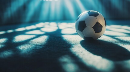 Wall Mural - A soccer ball is sitting on the ground in front of a blue wall