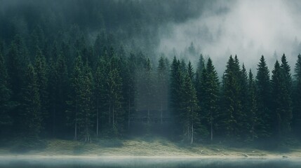 Poster - Evergreen Forest in Misty Morning Atmosphere with Dense Fog and Calm Serenity : Generative AI