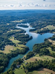 Aufkleber - Winding River Amidst Lush Woodland and Scenic Valleys in a Tranquil Countryside Retreat : Generative AI