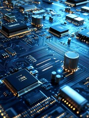 Poster - Closeup view of modern circuit board with glowing electronic components : Generative AI