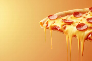 Poster - Satisfying pizza slice with melting cheese and pepperoni against a warm gradient background. Generative AI