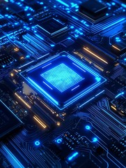 Poster - Futuristic Circuit Board with Glowing Microchips in Blue and Orange Tones : Generative AI