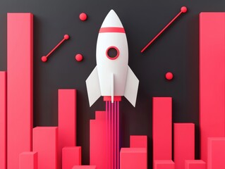 Poster - White rocket launching over growing red bar graph depicting startup growth projection on a dark background