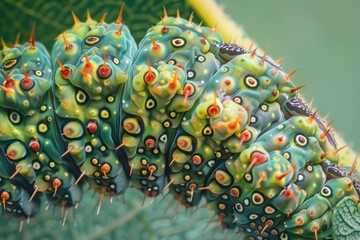 Poster - Brightly colored caterpillar crawling on a leaf in a lush environment during daylight hours in a tropical region