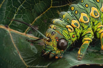 Poster - Brightly colored caterpillar crawling on a leaf in a lush environment during daylight hours in a tropical region