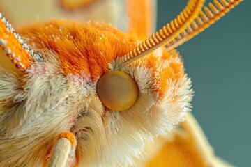 Aufkleber - Close-up view of a vibrant orange moth showcasing intricate details of its fur and large eye, captured indoors under natural light in soft focus