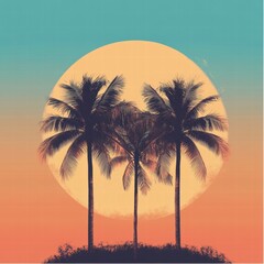 Poster - Palm trees silhouetted against a pastel orange and blue sunset with a large sun in the background creating a serene atmosphere. Generative AI