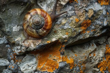 Poster - Colorful snail climbing on a textured rock surface covered with orange lichen in a natural outdoor setting