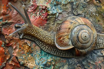 Poster - Colorful snail climbing on a textured rock surface covered with orange lichen in a natural outdoor setting