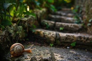 Poster - Colorful snail climbing on a textured rock surface covered with orange lichen in a natural outdoor setting