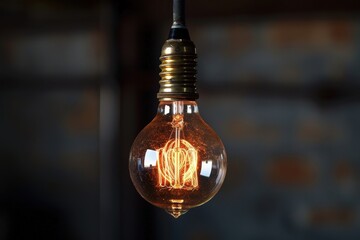 Poster - Vintage light bulb illuminated in a cozy indoor space with warm tones and a brick wall background