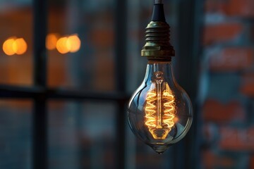 Poster - Vintage light bulb illuminated in a cozy indoor space with warm tones and a brick wall background