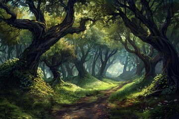 Poster - Mysterious forest pathway illuminated by gentle sunlight filtering through lush trees and vibrant foliage in a serene woodland setting