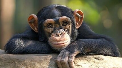 Poster - Adorable Chimpanzee Resting on Rock With Expressive Eyes and Soft Fur in Lush Jungle Environment : Generative AI