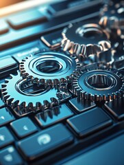 Poster - CloseUp of Metallic Gears on Computer Keyboard Representing Technology and Precision : Generative AI