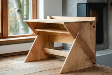 Poster - Modern wooden desk with laptop and stationery in a bright, minimalist workspace during the afternoon