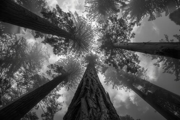 Poster - Sunlight filtering through tall trees in a lush green forest creates a serene and tranquil atmosphere during early morning hours