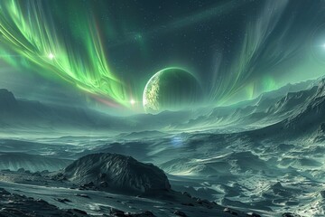 Poster - Spectacular cosmic landscape showcasing auroras and a distant planet under a starry sky at night