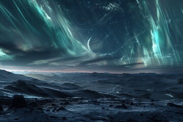 Poster - Spectacular cosmic landscape showcasing auroras and a distant planet under a starry sky at night