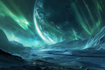 Poster - Spectacular cosmic landscape showcasing auroras and a distant planet under a starry sky at night