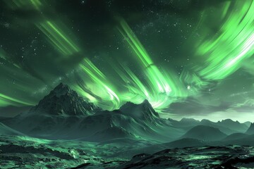 Poster - Spectacular cosmic landscape showcasing auroras and a distant planet under a starry sky at night