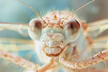 Poster - Detailed close-up of a grasshopper revealing its intricate facial features and large eyes against a blurred background