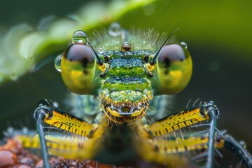 Poster - Detailed close-up of a grasshopper revealing its intricate facial features and large eyes against a blurred background