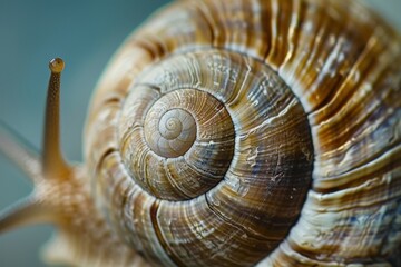 Poster - Close-up view of a vibrant brown and orange snail shell resting on a blurred background in a natural setting during daylight hours