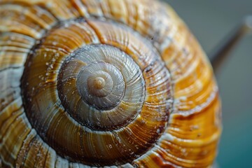 Poster - Close-up view of a vibrant brown and orange snail shell resting on a blurred background in a natural setting during daylight hours