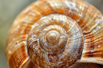 Poster - Close-up view of a vibrant brown and orange snail shell resting on a blurred background in a natural setting during daylight hours