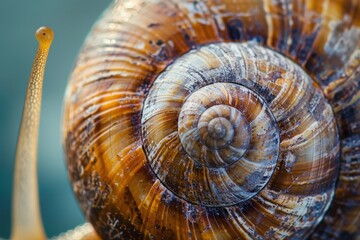 Poster - Close-up view of a vibrant brown and orange snail shell resting on a blurred background in a natural setting during daylight hours