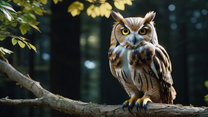 A large brown owl is perched on a tree branch