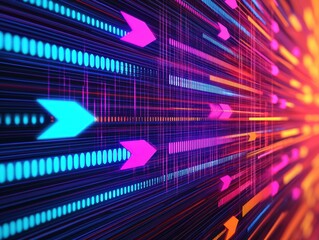 Poster - Colorful neon arrows moving on digital lines and dots, representing data flow, network connection, and futuristic technology