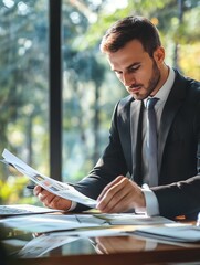 Poster - Professional businessman analyzing documents in a sunlit modern office environment : Generative AI