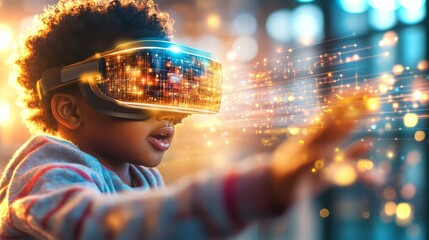 Poster - Toddler explores virtual reality in a colorful playroom with immersive experiences