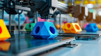 Poster - Colorful 3D Printed Shapes in a Modern Printing Environment with Close-Up View