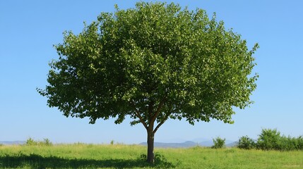 Poster - Lush Green Tree in Open Field Against Clear Blue Sky in Countryside Landscape : Generative AI