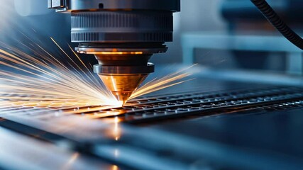 Poster - Precision Telephoto Lens Capturing Laser Sparks Close Up on Metal Surface