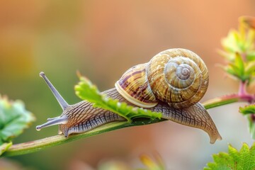 Poster - Snail slowly traversing a green leaf under warm sunlight in a tranquil garden setting during late afternoon
