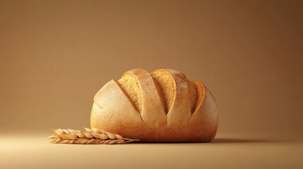 Poster - Minimalist loaf of bread with wheat grains resting on a neutral background ideal for text placement. Generative AI