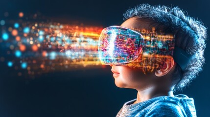 Poster - Native American baby explores virtual reality with immersive VR glasses in vibrant colors
