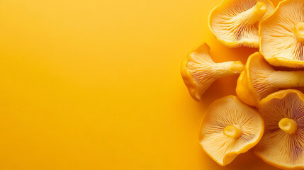 Poster - yellow mushrooms scattered on a vibrant yellow background during a creative food styling session