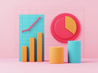 Poster - Colorful 3d bar graph, pie chart, and cylinders symbolize data analysis, business strategy, and planning tools in a vibrant, tech-driven setting