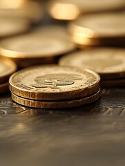 Poster - Stack of Golden Coins on Textured Surface Indicating Wealth and Prosperity : Generative AI
