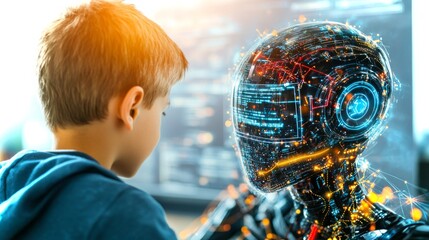 Poster - Encounter between a child and an advanced AI robot in a futuristic environment
