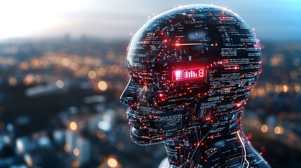 Poster - Futuristic human-like robot with digital circuits against a city skyline at night