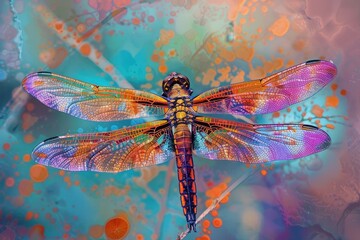 Poster - Vibrant dragonfly resting on a delicate plant in a colorful, blurred natural background during a sunny afternoon