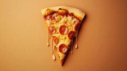 Poster - Delicious pizza slice with stylized toppings and cheese drips on a minimalist background for food presentation. Generative AI